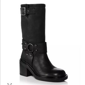 Women's Aqua Buckled Block Heel Moto Boots